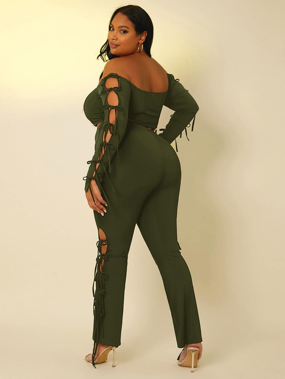 Plus Knot Side Off Shoulder Crop Top & Boot-Cut Leg Pants