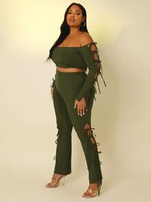 SHEIN SXY 大碼側打結一字肩短款上衣和微喇褲 - 軍綠色 - 查看 3