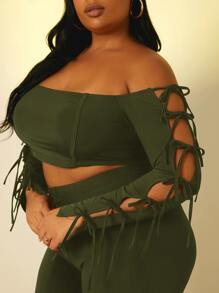 SHEIN SXY 大碼側打結一字肩短款上衣和微喇褲 - 軍綠色 - 查看 4