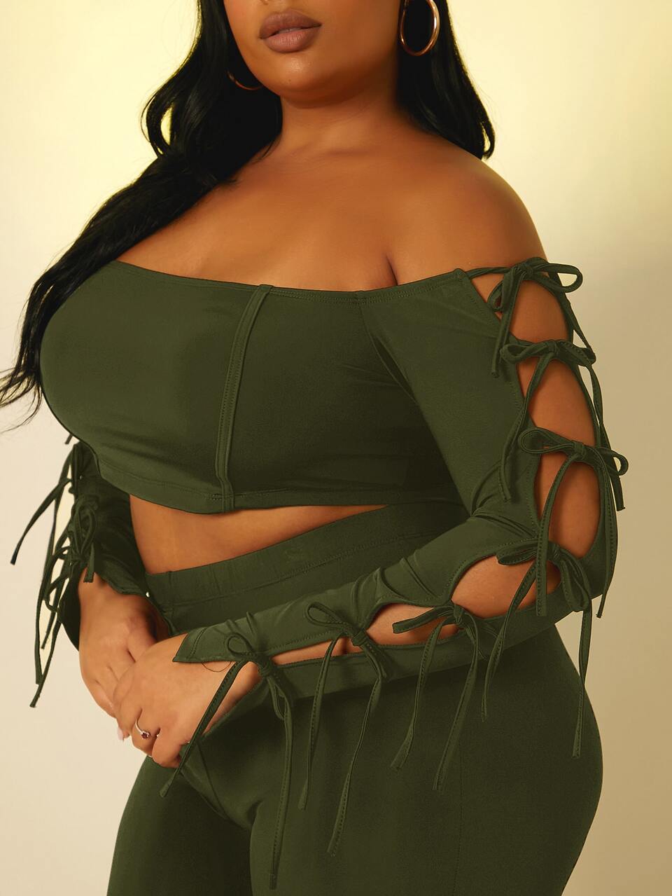 Plus Knot Side Off Shoulder Crop Top & Boot-Cut Leg Pants
