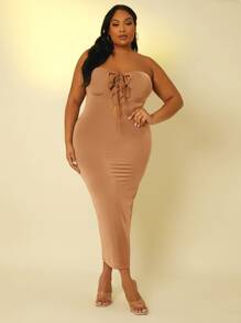 SHEIN SXY Plus Lace Up Front Split Back Tube Bodycon Dress - Khaki - View 1