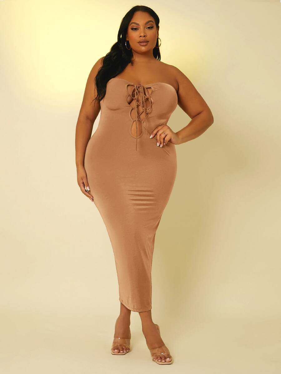 SHEIN SXY Plus Lace Up Front Split Back Tube Bodycon Dress - Khaki - View 1