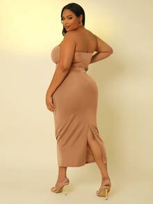 SHEIN SXY Plus Lace Up Front Split Back Tube Bodycon Dress - Khaki - View 2