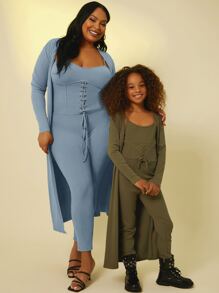 SHEIN SXY Jumpsuits Plus Size Ren lên màu trơn Gợi cảm - Màu xanh bụi bặm - Xem 3