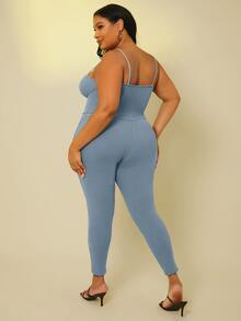 SHEIN SXY Jumpsuits Plus Size Ren lên màu trơn Gợi cảm - Màu xanh bụi bặm - Xem 2