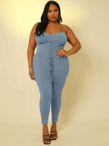 SHEIN SXY Jumpsuits Plus Size Ren lên màu trơn Gợi cảm - Màu xanh bụi bặm - Xem 1