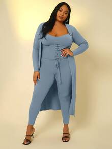 SHEIN SXY Jumpsuits Plus Size Ren lên màu trơn Gợi cảm - Màu xanh bụi bặm - Xem 4