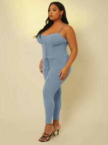 SHEIN SXY Jumpsuits Plus Size Ren lên màu trơn Gợi cảm - Màu xanh bụi bặm - Xem 5