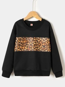 Girls Leopard Print Drop Shoulder Thermal Pullover - Black - View 1