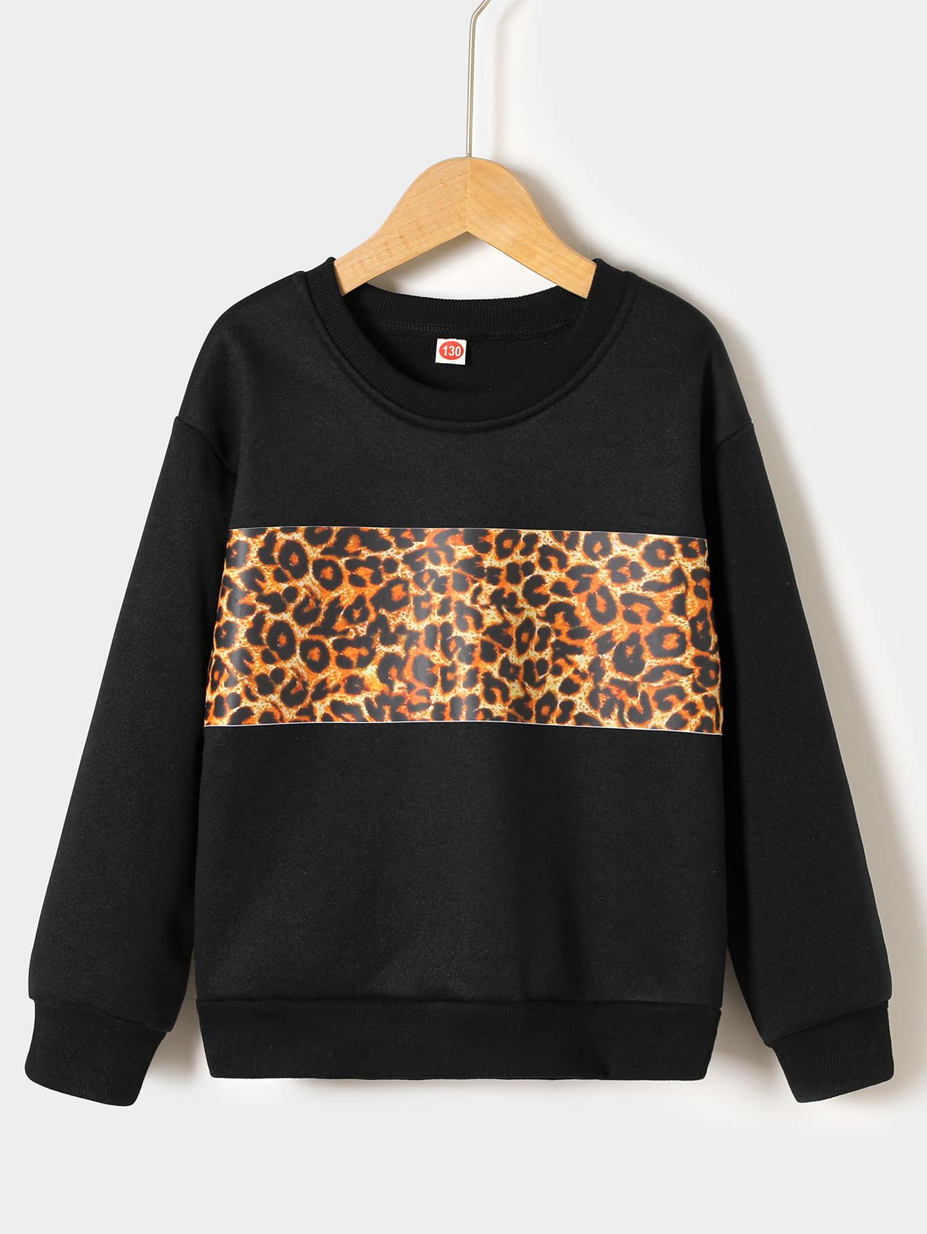 Girls Leopard Print Drop Shoulder Thermal Pullover - Black - View 1
