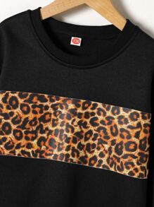 Girls Leopard Print Drop Shoulder Thermal Pullover - Black - View 4