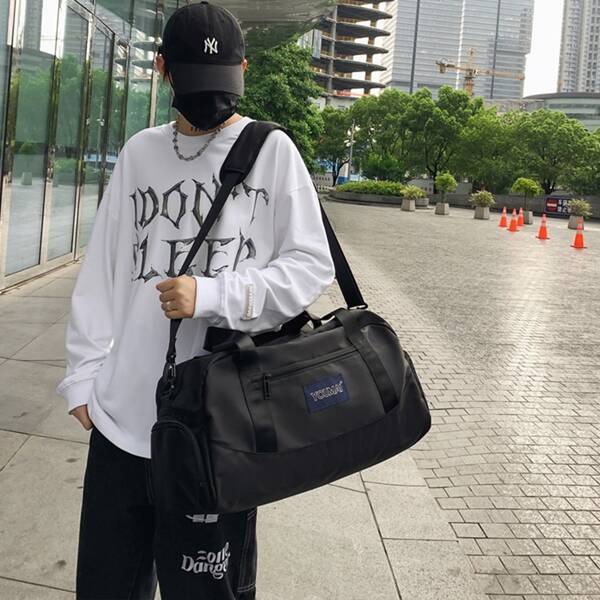 

Men Letter Patch Duffle Bag, Black