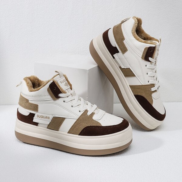 

Colorblock Lace-up Front Plush Inside Skate Shoes, Multicolor