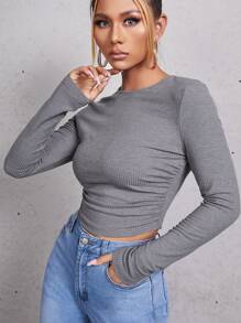 SHEIN EZwear Ruched Rib Knit Crop Tee - Grey - View 1