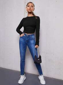 SHEIN EZwear 褶邊螺紋針織短款T恤 - 黑色 - 查看 3