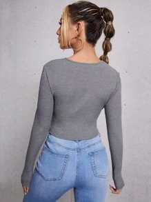 SHEIN EZwear Ruched Rib Knit Crop Tee - Grey - View 2