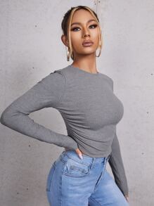 SHEIN EZwear Ruched Rib Knit Crop Tee - Grey - View 3