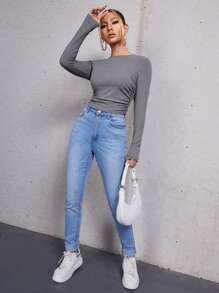 SHEIN EZwear Ruched Rib Knit Crop Tee - Grey - View 4