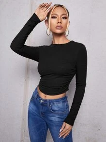 SHEIN EZwear 褶邊螺紋針織短款T恤 - 黑色 - 查看 5