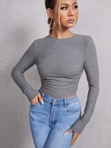 SHEIN EZwear Ruched Rib Knit Crop Tee - Grey - View 5