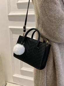 Nhẹ, kiểu dáng công sở Pom Pom Decor Túi vuông Chevron dành cho nữ tuổi teen Sinh viên đại học, tân binh và nhân viên văn phòng Hoàn hảo cho văn phòng, trường đại học, công việc, kinh doanh, đi làm, ngoài trời, du lịch, đi chơi - màu đen - Xem 3