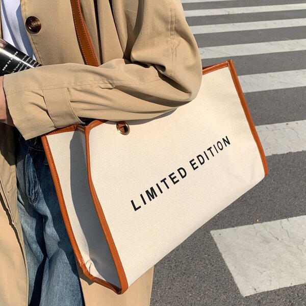 

Letter Graphic Contrast Binding Tote Bag, Brown
