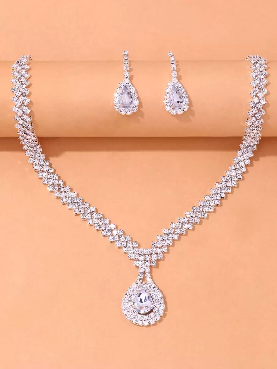Rhinestone Waterdrop Charm Necklace & Drop Earrings SHEIN USA