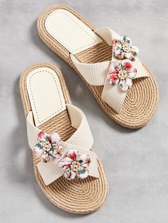 Colorblock Flower Decor Cross Strap Slides