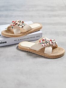 Sandalias de tiras cruzadas con decoración de flores en bloques de color, atuendos de playa, pantuflas para mujer - Multicolor - Ver 2