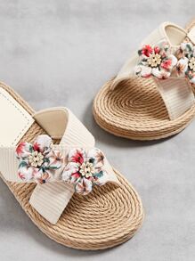 Sandalias de tiras cruzadas con decoración de flores en bloques de color, atuendos de playa, pantuflas para mujer - Multicolor - Ver 5