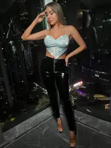 SHEIN SXY Haut métallique sans dos avec détail de chaîne de bandana froncé et orné de strass, haut de soirée