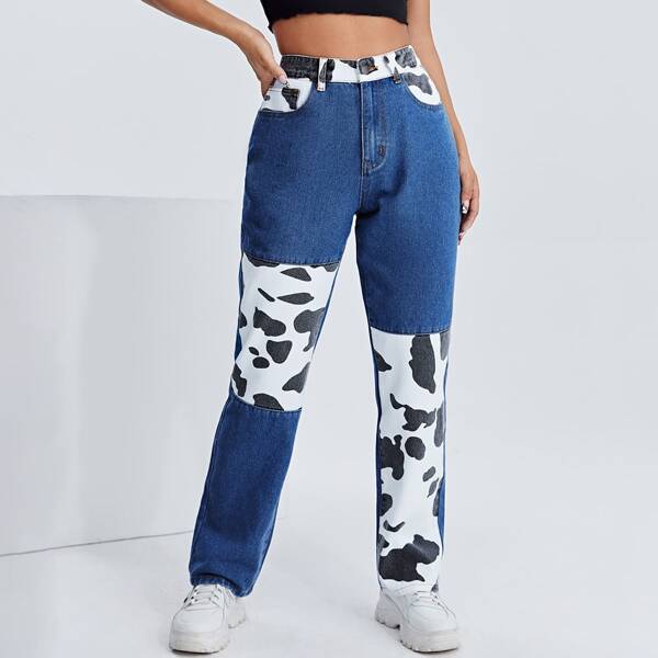 

Джинсы с высокой талией с коровьим принтом на молнии, Многоцветный