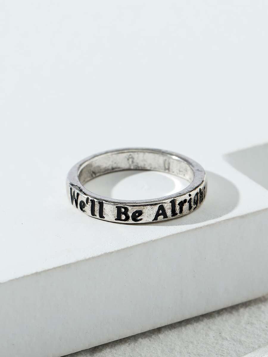 Slogan Detail Ring - Antique Silver - View 1