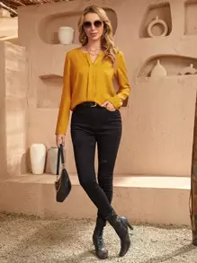 SHEIN Clasi Solid Notched Neck Blouse - Mustard Yellow - View 3