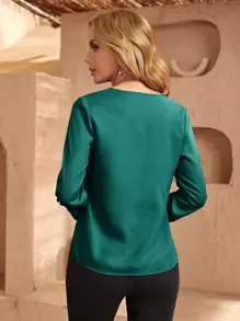 SHEIN Clasi Solid Notched Neck Blouse - Dark Green - View 2