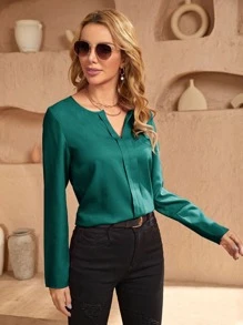 SHEIN Clasi Solid Notched Neck Blouse - Dark Green - View 4