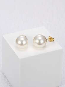 MONALLY 1pair Stainless Steel Plated 18K Gold 0.035μm Faux Pearl Stud Earrings