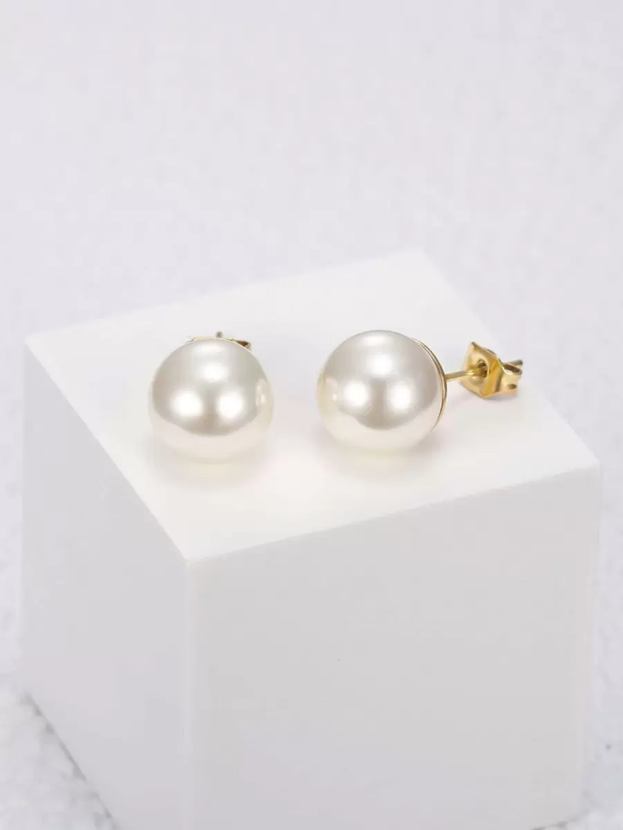 MONALLY 1pair Stainless Steel Plated 18K Gold 0.035μm Faux Pearl Stud Earrings