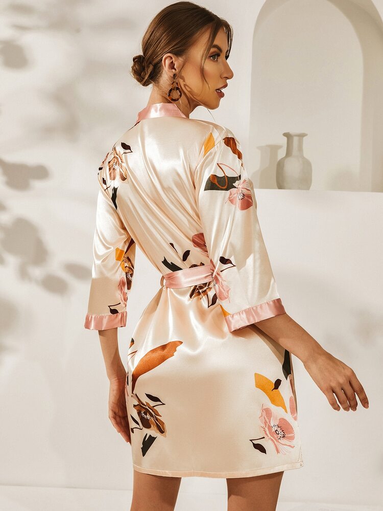 Floral Print Belted Satin Robe - Apricot - View 2