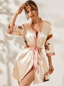 印花腰帶緞面睡袍 - 杏色 - 查看 3