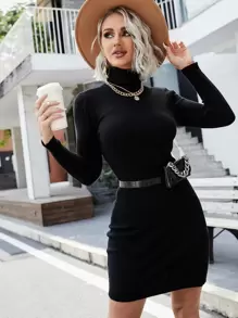 SHEIN Essnce Turtleneck Ribbed Knit Jumper Dress Without Belt Bag - Black - View 1