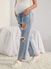 SHEIN Denim Bà bầu Nút Túi Bị tách Dây kéo Khối Màu - Rửa nhẹ - Xem 1
