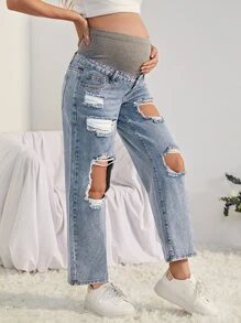 SHEIN Denim Bà bầu Nút Túi Bị tách Dây kéo Khối Màu - Rửa nhẹ - Xem 4