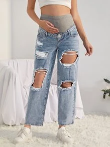 SHEIN Denim Bà bầu Nút Túi Bị tách Dây kéo Khối Màu - Rửa nhẹ - Xem 5