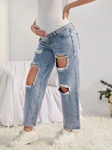 SHEIN Denim Bà bầu Nút Túi Bị tách Dây kéo Khối Màu - Rửa nhẹ - Xem 6