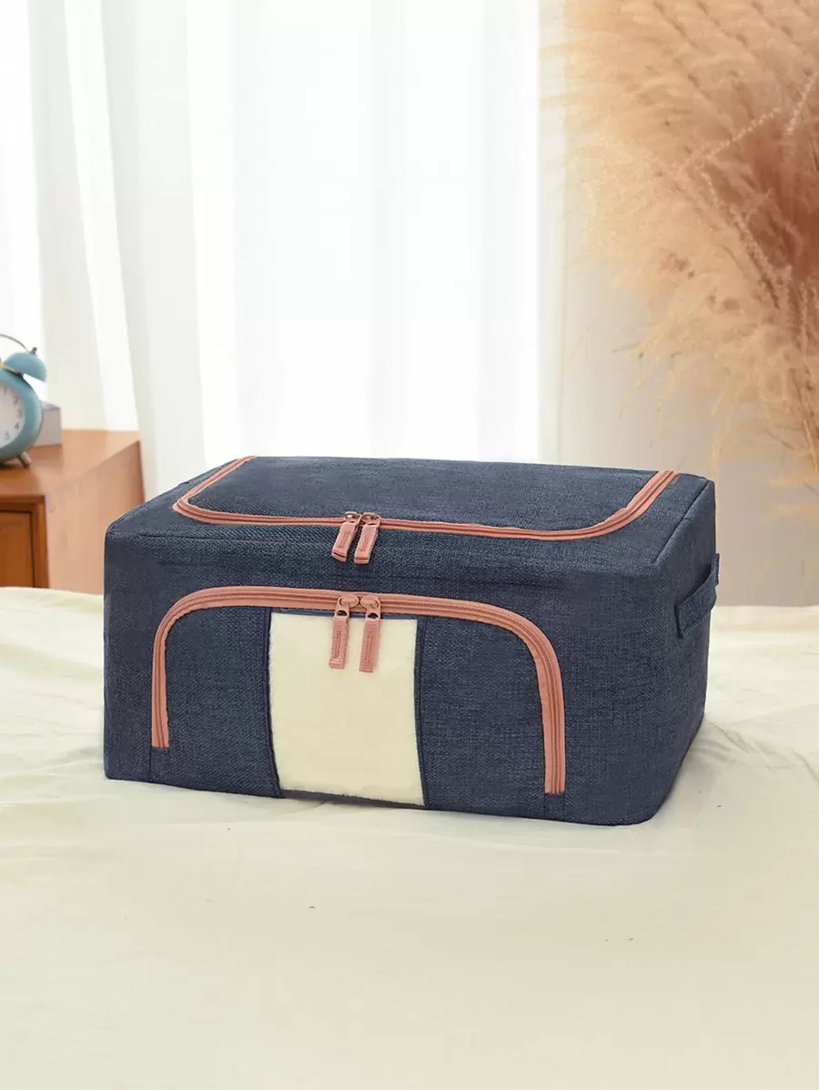1pc Foldable Quilt Storage Box - Navy Blue - View 1