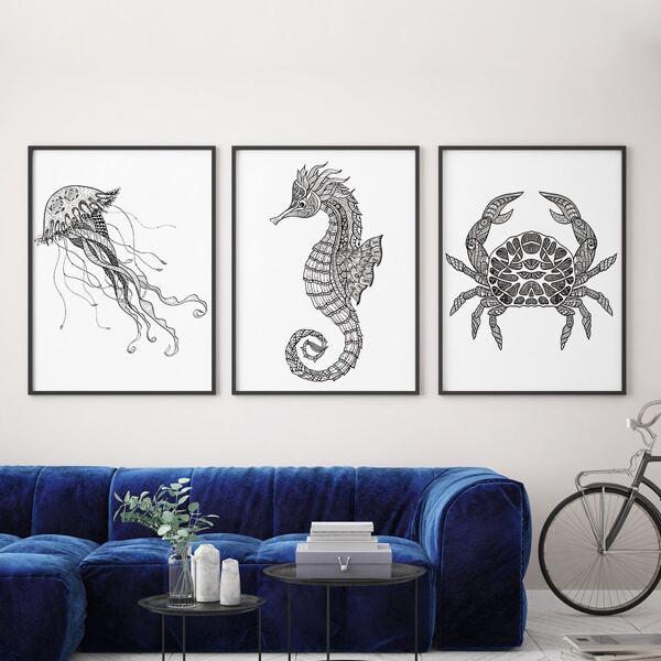 

3pcs Marine Life Pattern Unframed Painting, Black and white