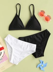 3packs Tween Girl Solid Triangle Bikini Set & Beach Panty Summer Beach - Black and White - View 1