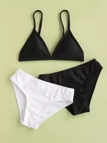 3packs Tween Girl Solid Triangle Bikini Set & Beach Panty Summer Beach - Black and White - View 5