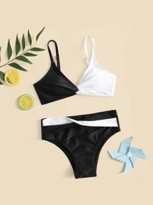 Tween Girl Color Block Twist Front Bikini Set Summer Beach - Black and White - View 1